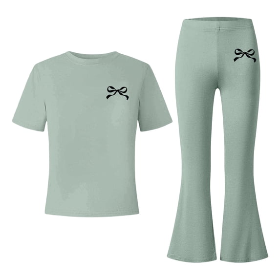 HAYIMI Girls Bowknot Print O-Neck Short Sleeve Tops And Wide Leg Pants For Kids Summer Outfit Sets Cute Classic Clothes Sets
