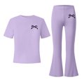 thumbnail image 1 of HAYIMI Girls Bowknot Print O-Neck Short Sleeve Tops And Wide Leg Pants For Kids Summer Outfit Sets Cute Soft Clothes Sets, 1 of 4