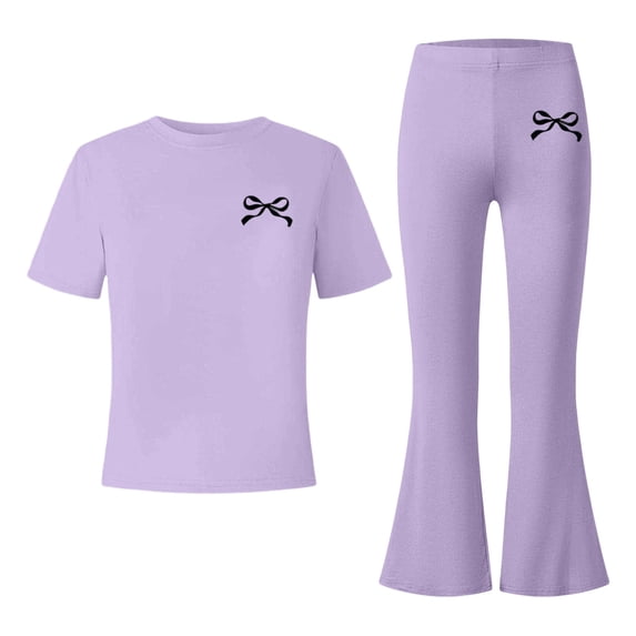 HAYIMI Girls Bowknot Print O-Neck Short Sleeve Tops And Wide Leg Pants For Kids Summer Outfit Sets Cute Soft Clothes Sets