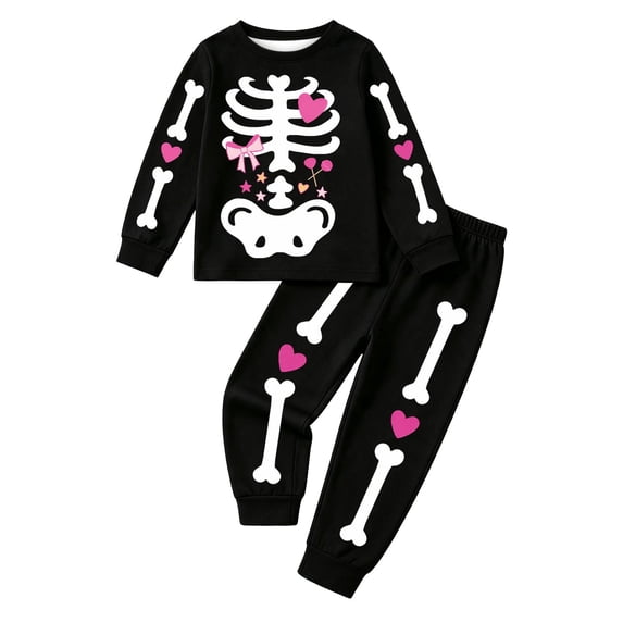 HAYIMI Girls Boys Halloween Pajama Sets Kids Long Sleeve O-Neck Tops With Matching Pants Cartoon Skeleton Print Cozy 2 Piece Sleepwear For Autumn Winter