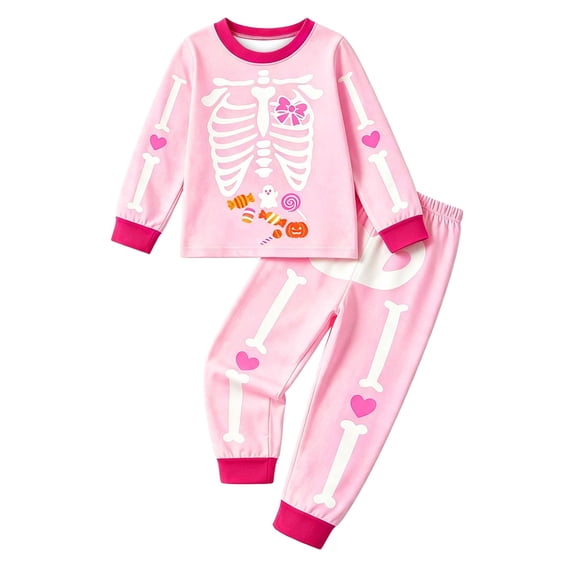 HAYIMI Girls Boys Halloween Pajama Sets Kids Long Sleeve O-Neck Tops With Matching Pants Cartoon Skeleton Print Cozy 2 Piece Sleepwear For Autumn Winter