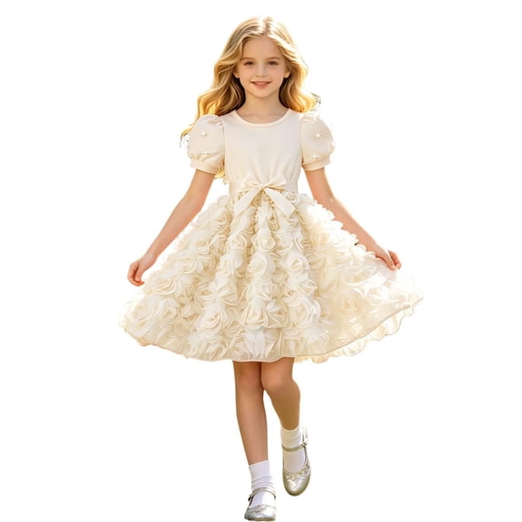 HAYIMI Girls Dresses Pearl Short Sleeve Rose Floral Print Party Dress For Toddler Summer Casual Wear Fashionable Sundress
