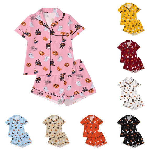 HAYIMI Girls Halloween Print Short Sleeve Button Lapel Blouse Tops And Shorts Kids Pajamas Homewear, 9-10 Years