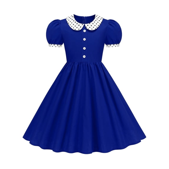 HAYIMI Girls Lapel Collar Dress, Polka Dot Puff Short Sleeve A-Line Sundress, Button Front Back Zipper Casual Kids Boho Dresses