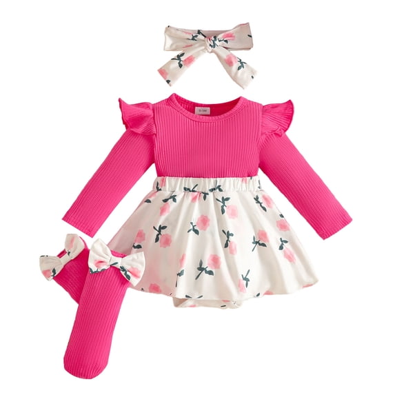 HAYIMI Girls Long Sleeve Flower O-Neck Romper Bodysuits Skirts Headbands Set Classic Clothes Sets