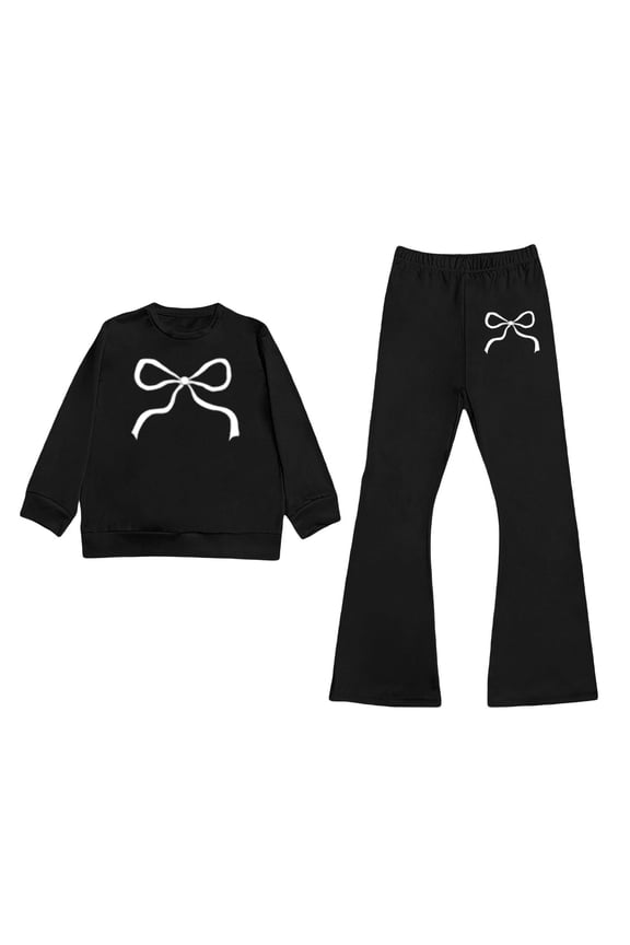 Girls Outfit Sets Long Sleeve Round Neck Tops With Flare Pants Bowknot Print Casual Clothes Sets For Toddler Kids Cartoon Lightweight Summer Clothes Sets for Child