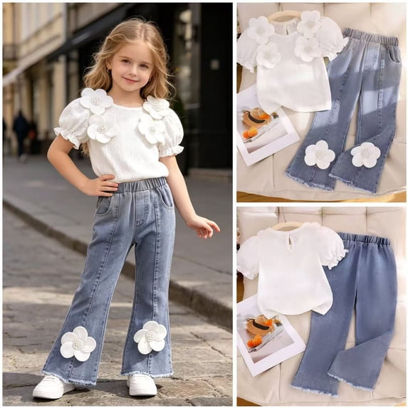 HAYIMI Girls Outfit Sets Solid Color Two Piece With Embroidered Floral Short Sleeve Shirt And Denim Pants Modern Outfit For Kids Summer Fashion Comfortable Wear Round Neck Clothing Sets , White
