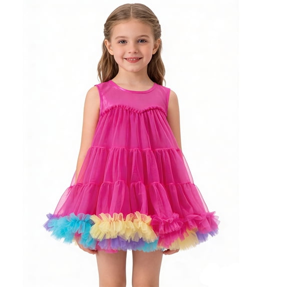 HAYIMI Girls Party Dress Summer Tutu Dress For Kids Performance Pageant Occasion O-Neck Sleeveless Toddler Soft Sundress