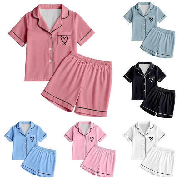 HAYIMI Girls Sleepwear Set 2pcs Tween Love Heart Print Short Sleeve Button Lapel Blouse Tops And Shorts Pajamas Set Soft Comfortable Loungewear Kids Homewear, 4-5 Years