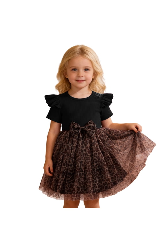 Girls Sleeveless Leopard Print Bow Tie Mesh Tutu Dress Party Gown For Toddler Kids O-Neck Toddler Boho Sundress