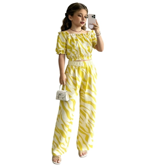 HAYIMI Girls Summer Outfit Sets Off Shoulder Tops With Flared Leggings Two Piece Casual For Toddler Kids Comfort Clothes Sets