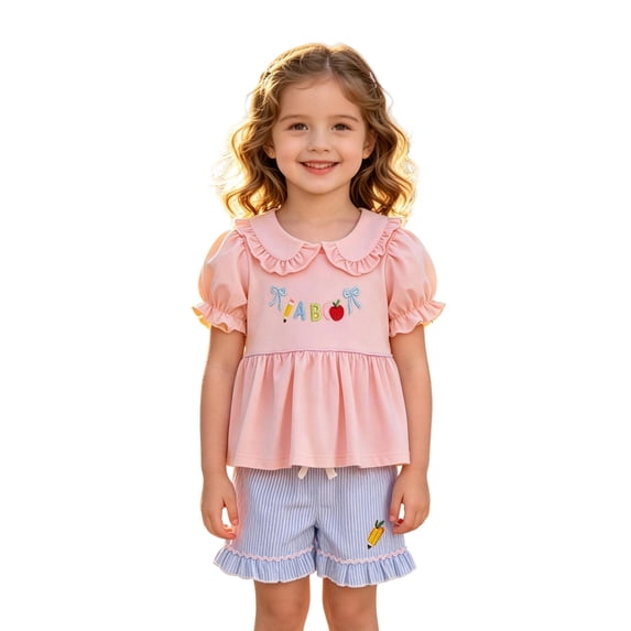 HAYIMI Girls Summer School Short Sleeve Tops Shorts With Cute Pencil Embroidery Two Piece Outfit Sets Soft Clothes Sets