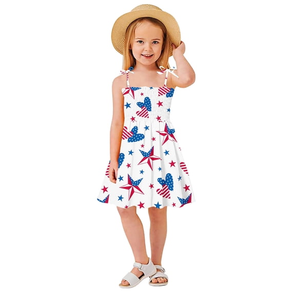 HAYIMI Girls Summer Sleeveless Dress Cute Spaghetti Strap Sun Dress With Patriotic Print Independence Day Fashion Dresses For Toddler Square Collar Kids Adorable Sundress