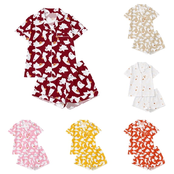 HAYIMI Halloween Themed Kids Pajama Short Sleeve Button Lapel Blouse Tops And Shorts Cozy Girls Sleepwear Homewear, 3-4 Years