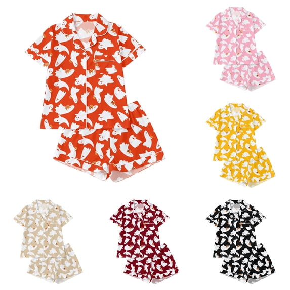 HAYIMI Halloween Themed Kids Pajama Short Sleeve Button Lapel Blouse Tops And Shorts Cozy Girls Sleepwear Homewear, 4-5 Years