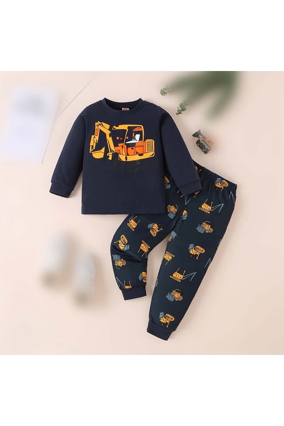 Kids 2026 Boys Fashion Autumn Excavator Printed Long Sleeve Drawstring Outfit Sets Cozy Child O-Neck Clothes Sets