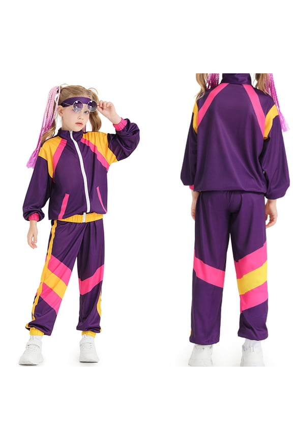 Kids 80s 90s Retro Windbreaker Set Girls Workout Outfit Track Suit For Girls Fashionable Child O-Neck Cartoon Clothes Sets