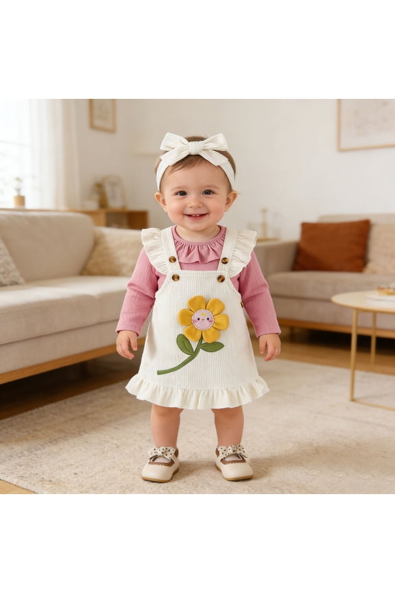 Kids Baby Girl Corduroy Pinafore Dress Long Sleeve Bodysuit Bandana Three Piece Outfit Sets Toddler Photoshoot Versatile Child O-Neck Cartoon Clothes Sets