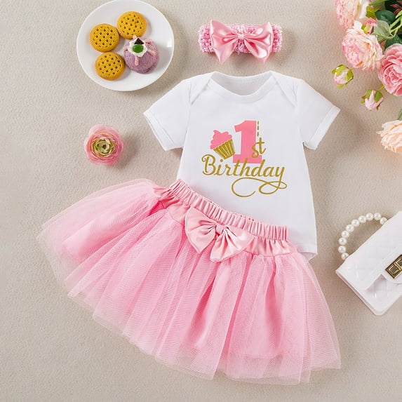 HAYIMI Kids Baby Girl's 1st Birthday Outfit Sets Letter 1 O-Neck Short Sleeve Romper + Tutu Skirt With Hair Bow | Cute Photoshoot Party Dress Summer Cotton Blend Adorable Child Cartoon Clothes Sets