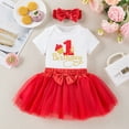 thumbnail image 1 of HAYIMI Kids Baby Girl's 1st Birthday Outfit Sets Letter 1 O-Neck Short Sleeve Romper + Tutu Skirt With Hair Bow | Cute Photoshoot Party Dress Summer Cotton Blend Leisure Child Cartoon Clothes Sets, 1 of 4