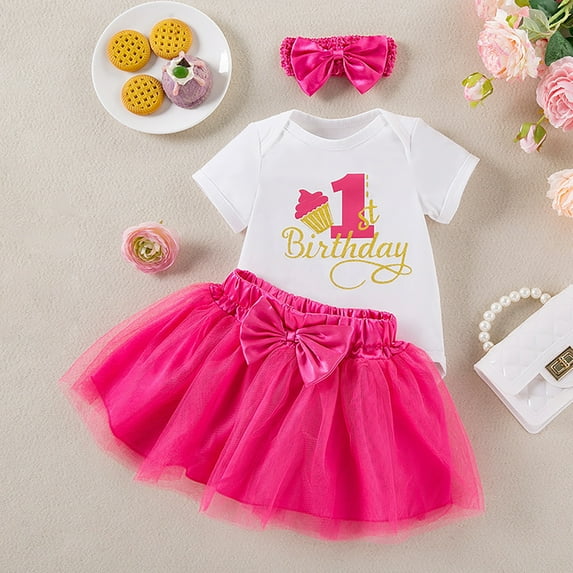 HAYIMI Kids Baby Girl's 1st Birthday Outfit Sets Letter 1 O-Neck Short Sleeve Romper + Tutu Skirt With Hair Bow | Cute Photoshoot Party Dress Summer Cotton Blend Comfort Child Cartoon Clothes Sets