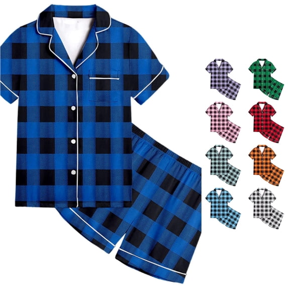 HAYIMI Kids Boys Girls Plaid Printed Short Sleeve Button Lapel Blouse Tops And Shorts Sleepwears Pajama Sets, 4-5 Years
