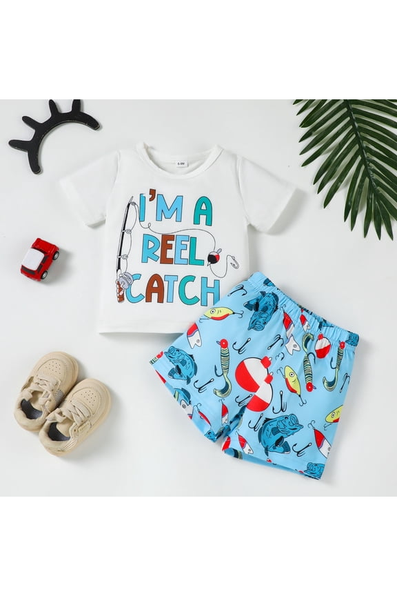 Kids Boys Outfits Set Cartoon Fish Fishing Print O-Neck T Shirt Shorts Sportswear Baby Comfortable Casual Play Clothes For Daily Outdoor Party Travel Spring Summer Leisure Child Clothes Sets