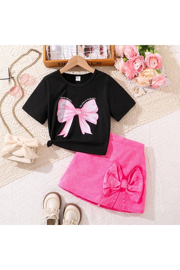 Kids Children Bow Print O-Neck Short Sleeve T-Shirt Culotte Two Piece Outfit Sets Breathable Clothes Sets