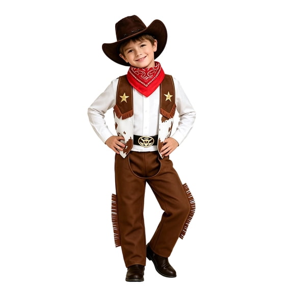 HAYIMI Kids Cowboy Set, Fringed Vest Pants with Hat Bandana Belt, Boys Western Themed Halloween Role-Play Dress-Up Outfit Clothes Sets