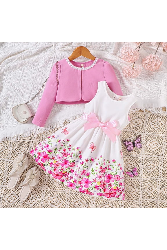 Kids Girls Floral Dress Set Spring Summer Outfits Toddler Two Piece Outfit With Cardigan And Floral Print Dress Birthday Child O-Neck Clothes Sets