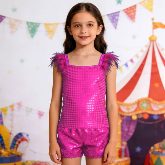HAYIMI Kids Girls Performance Outfit Sets Sequin Square Collar Sleeveless Tops And Shorts For Stage Show Party Boho Child O-Neck Cartoon Clothes Sets