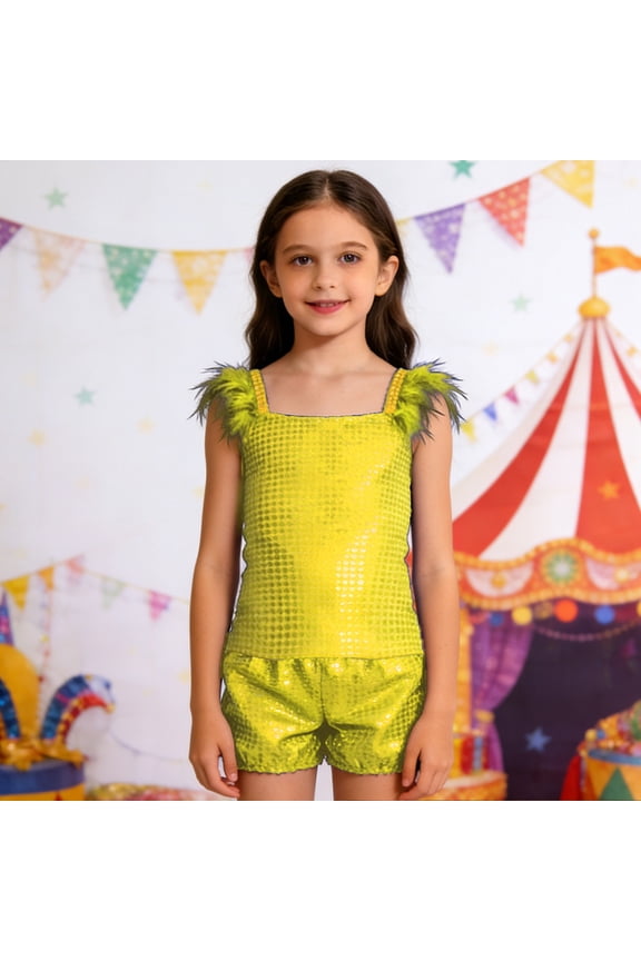 Kids Girls Performance Outfit Sets Sequin Square Collar Sleeveless Tops And Shorts For Stage Show Party Cute Child O-Neck Cartoon Clothes Sets