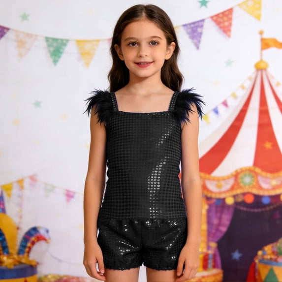 HAYIMI Kids Girls Performance Outfit Sets Sequin Square Collar Sleeveless Tops And Shorts For Stage Show Party Comfort Child O-Neck Cartoon Clothes Sets