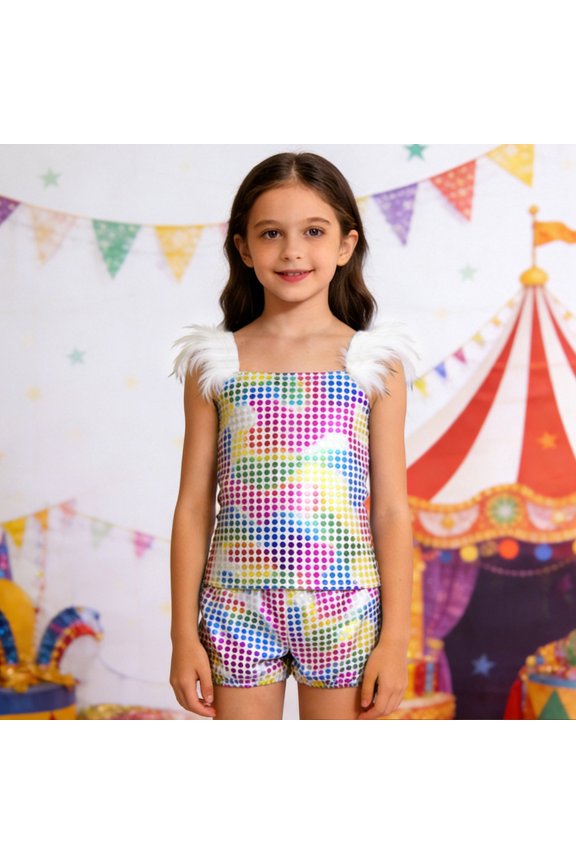 Kids Girls Performance Outfit Sets Sequin Square Collar Sleeveless Tops And Shorts For Stage Show Party Fashionable Child O-Neck Cartoon Clothes Sets