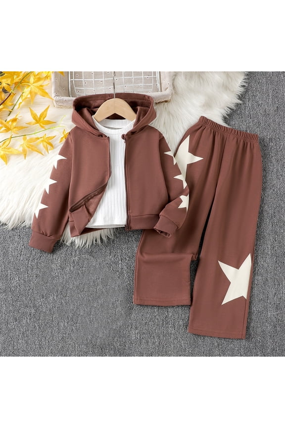 Kids Girls Star Print Long Sleeve Tops And Pants Outfit Sets Soft Casual Two Piece Coordinated Comfortable Playwear Daily Fashion Attire Stylish Child O-Neck Clothes Sets