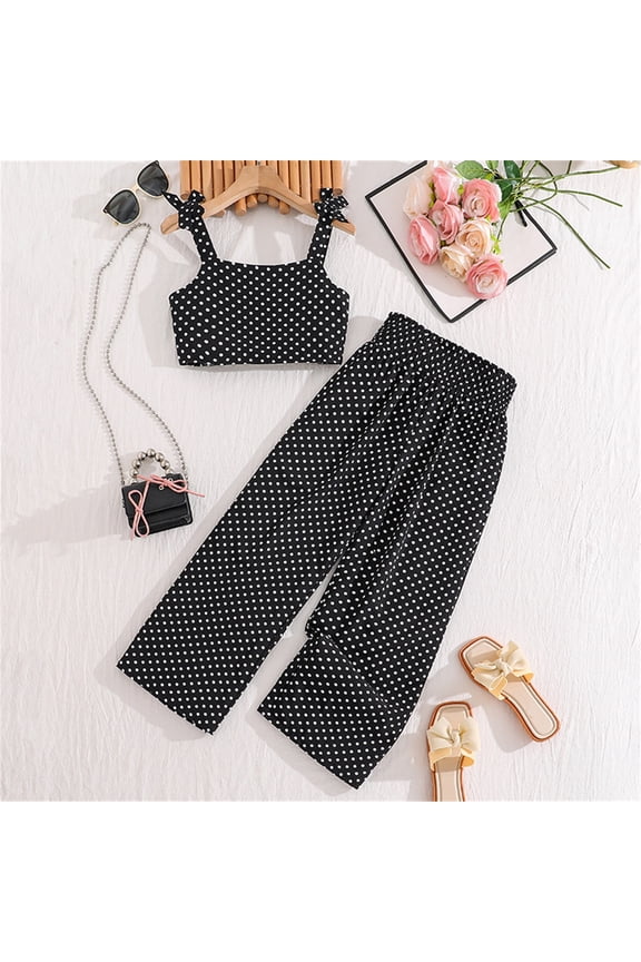 Kids Girls Summer Outfit Sets Polka Cute Bow Tie Sleeveless Tank Tops High Waist Paper Wide Leg Pants Leisure Child O-Neck Cartoon Clothes Sets