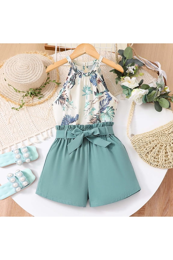 Kids Girls Summer Outfit Sets Sleeveless Tank Tops With Printed Shorts Casual Playwear Two Piece Coordinated Boho Child O-Neck Clothes Sets