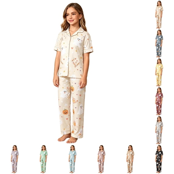 HAYIMI Kids Halloween Girls Spring Autumn Button Short Sleeve Lapel Blouse Tops Long Pants Pajama Set Casual Homewear, 10-11 Years