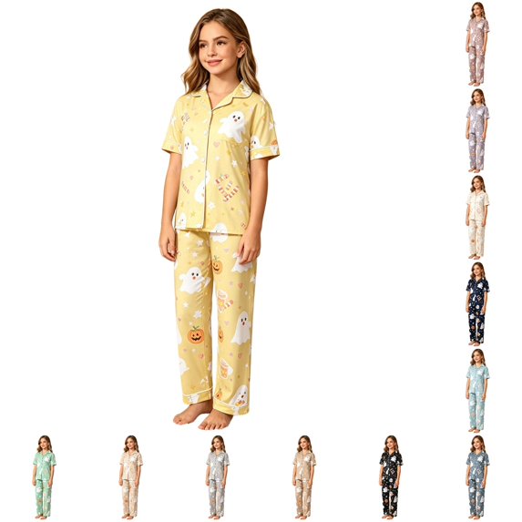 HAYIMI Kids Halloween Girls Spring Autumn Button Short Sleeve Lapel Blouse Tops Long Pants Pajama Set Casual Homewear, 3-4 Years