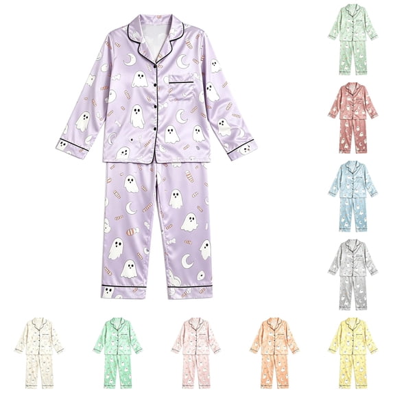 HAYIMI Kids Halloween Girls Spring Autumn Pajama Set Casual Home Wear Long Sleeve Lapel Button Shirts Blouse Tops With Pants Homewear, 11-12 Years