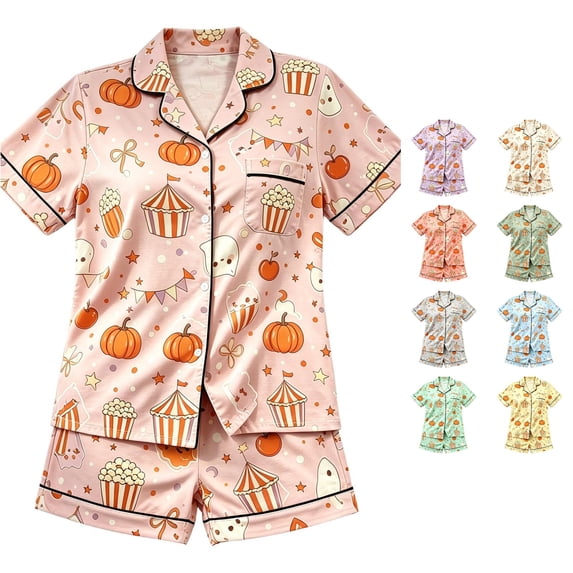 HAYIMI Kids Halloween Short Sleeve Button Lapel Blouse Tops And Shorts Girls Spring Autumn Pajama Set Casual Homewear, 15-16 Years