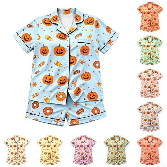 HAYIMI Kids Halloween Short Sleeve Button Lapel Blouse Tops And Shorts Girls Spring Autumn Pajama Set Casual Homewear, 7-8 Years