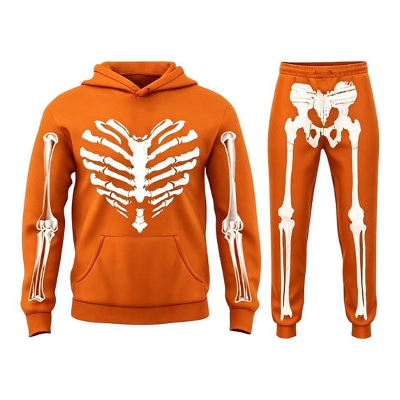 HAYIMI Kids Halloween Skeleton 2 Piece Outfit Sets Skull Bone Print Hooded Sweatshirt Elastic Waist Jogger Pants Tracksuit For Boys Girls Trendy Clothes Sets