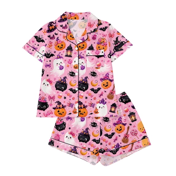 HAYIMI Kids Halloween Theme Print Short Sleeve Button Lapel Blouse Tops And Shorts For Home Loungewear Comfortable Blend Pajama Sets, 9-10 Years