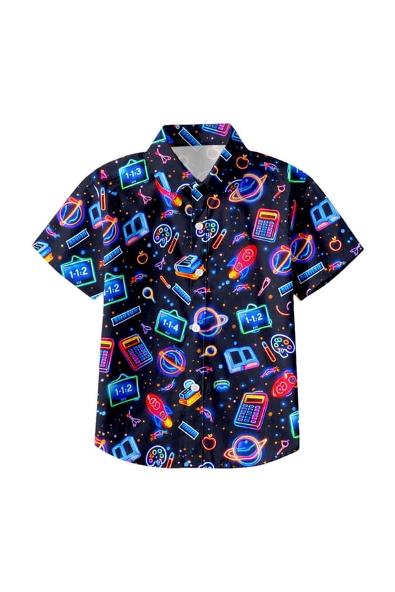 Kids Neon Print Short Sleeve Blouse For Boys Casual Zip Front Tops With Rocket And Planet Graphic For Summer Lovely Streetwear