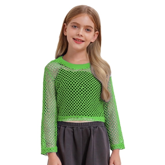 HAYIMI Kids O-Neck T-Shirts Fashionable Mesh Hollow Out Long Sleeve For Big Girls And Teenage Tweens Casual Breathable Holiday Tops