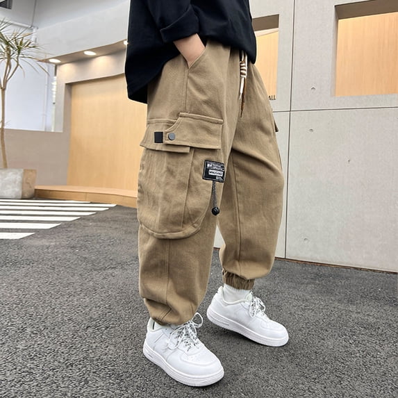 HAYIMI Kids Pants Boys Cargo Pants With Side Pockets Spring Autumn Outdoor Casual Wear And School Daily Comfortable Long Trousers Adorable Solid Color Slacks