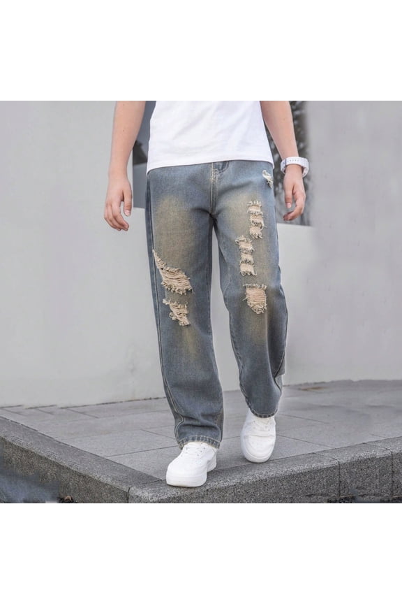 Kids Pants Distressed Denim Pants For Teen Boys High Street Hop Fashion Casual Trousers With Ripped Details Comfortable Stylish Long Pants For Youth Holiday Solid Color Daily Slacks