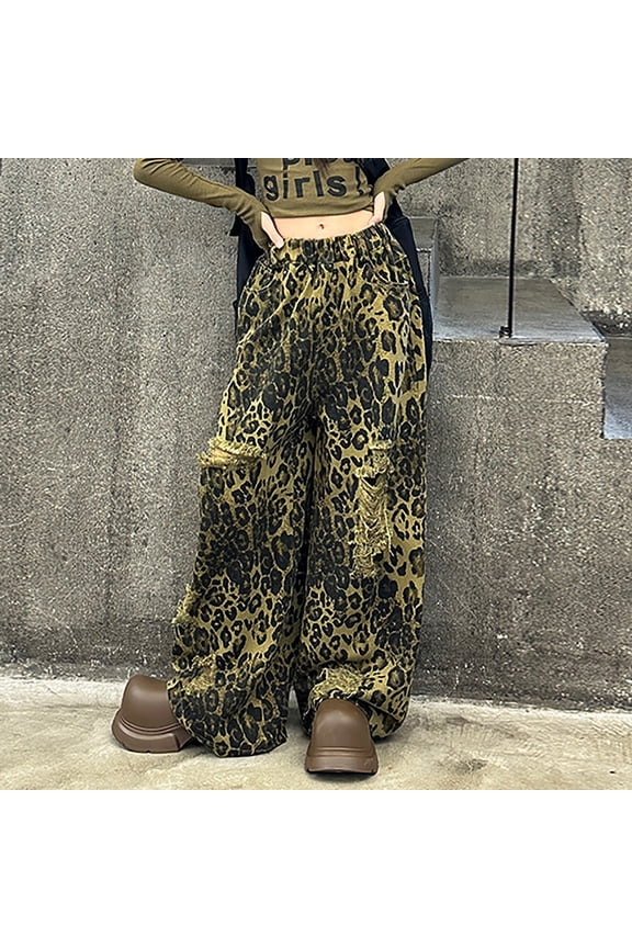 Kids Pants Girls Loose Leopard Print Baggy Jeans Elastic Waist Distressed Ripped Denim Pants With Holes Classic Daily Casual Trousers Slacks