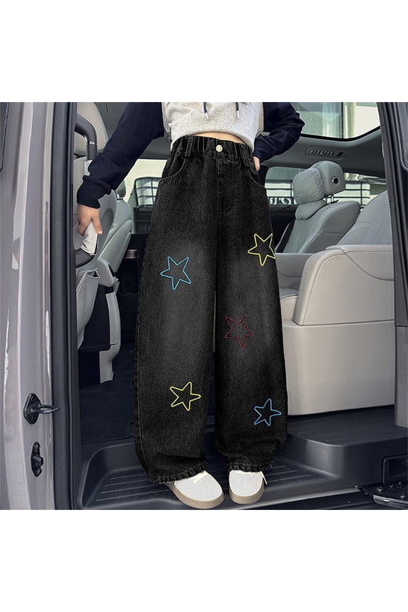 Kids Pants Girls Star Print Denim Pants Autumn Casual Trousers For Teenagers Comfortable Stretchy Skinny Jeans With Five Point Fashionable Fall Trouser Girls Comfort Daily Slacks